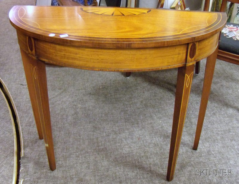 Federal style Inlaid Mahogany and Mahogany Veneer Demilune Side Table