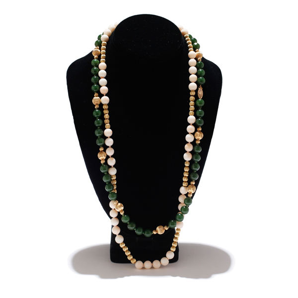 Two estate necklaces featuring fluted 14K gold beads and knotted