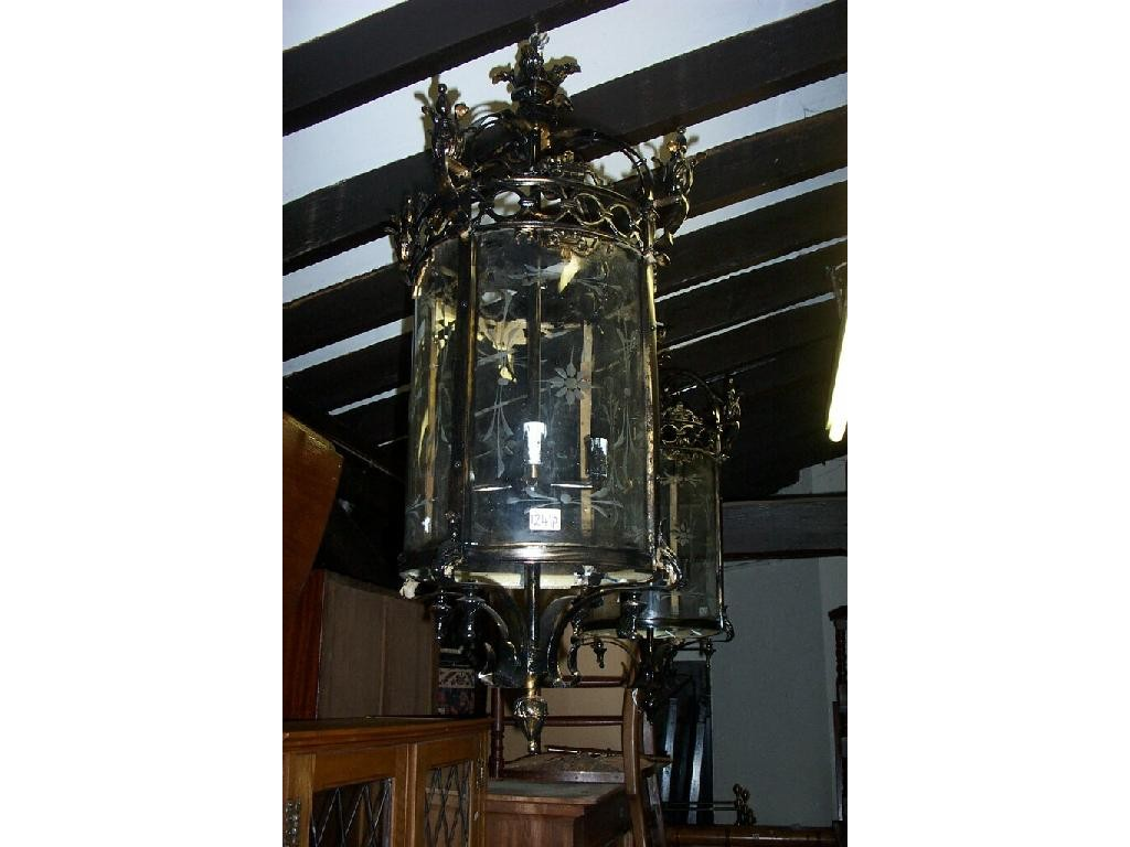A pair of large hall lanterns of cylindrical form with