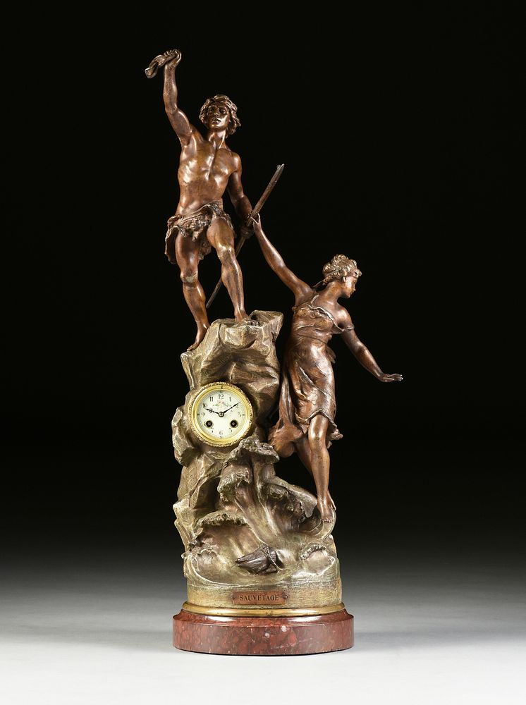 AN ART NOUVEAU GILT METAL AND ROUGE GRIOTTE FIGURAL MARBLE