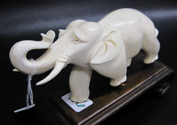 CARVED IVORY ASIAN ELEPHANT with upraised trunk attached to shaped