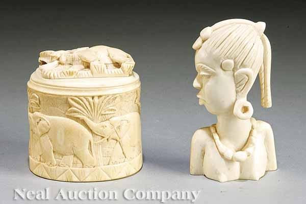 Two Continental Carved Ivory Decorative Objects 20th c comprising a