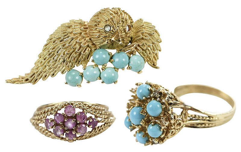 Three Pieces Retro Gold Jewelry bird brooch six round turquoise
