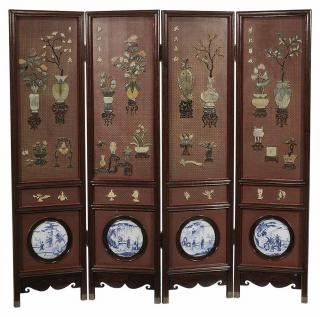 Chinese Hardwood Lacquered Stone and Porcelain Inset Four Panel Room
