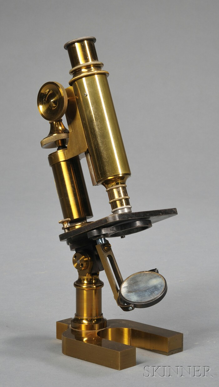 Lacquered Brass Monocular Compound Microscope attributed to Ed Messter Berlin