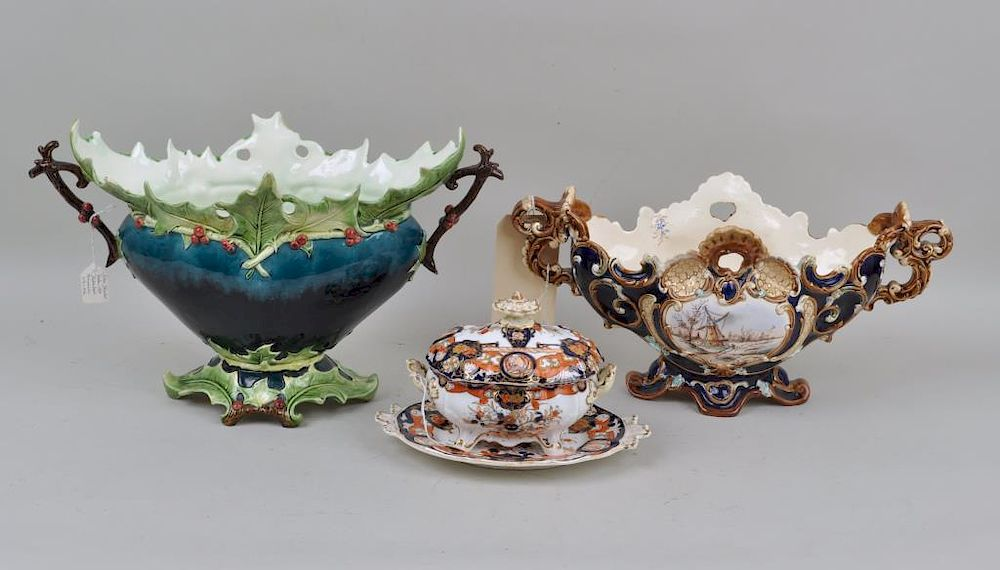 Two Majolica Handled Urns English Imari Tureen including a French
