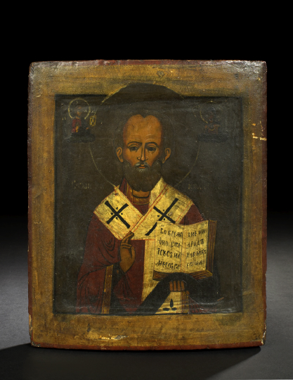 Russian Polychromed Wooden Ikon of St Nikolas the Miracle Worker
