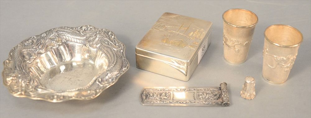 Six piece Chinese silver lot to include box with sailboat