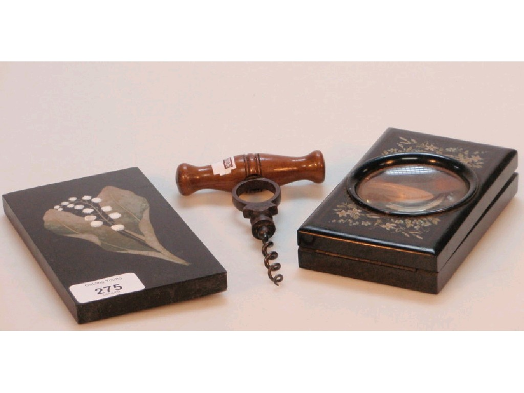 A painted ebonised view card enlarger corkscrew and pietra dura