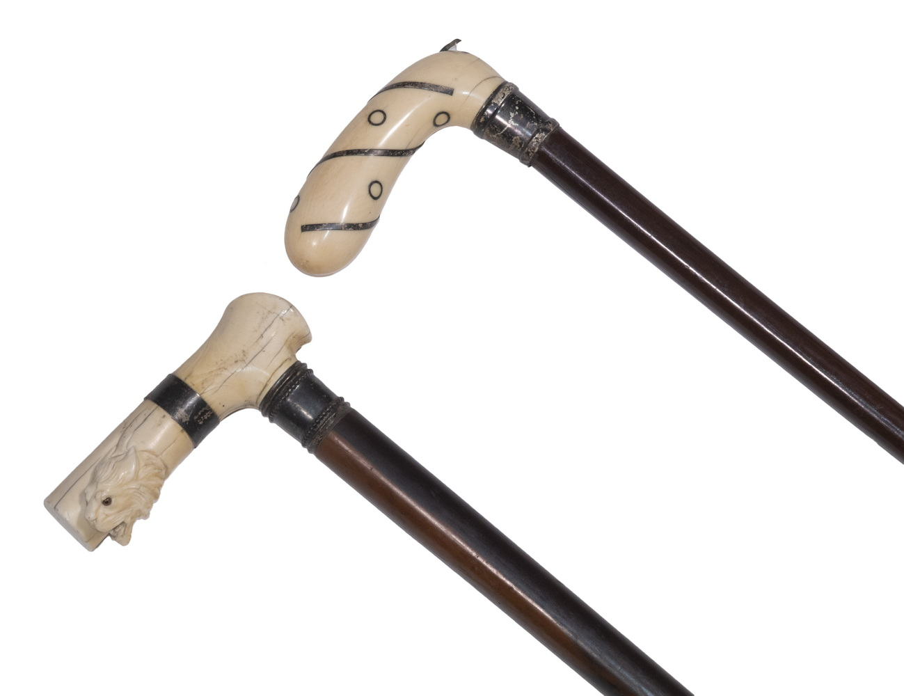 2 CARVED WALKING STICKS 19th c Ivory Mounted Canes with