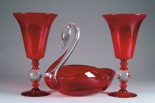FINE THREE PIECE RED AND CLEAR GLASS CONSOLE SET Attributed