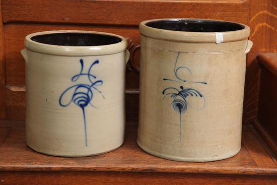 TWO STONEWARE CROCKS A six gallon crock with cobalt bee