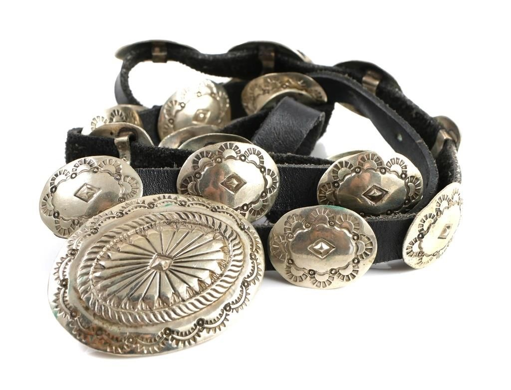 Unmarked vintage sterling silver and black leather concho belt Belt