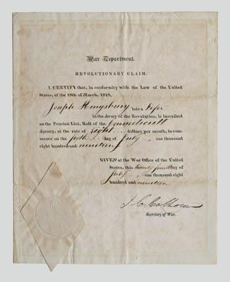 John C Calhoun Revolutionary claim partially printed document headed quot