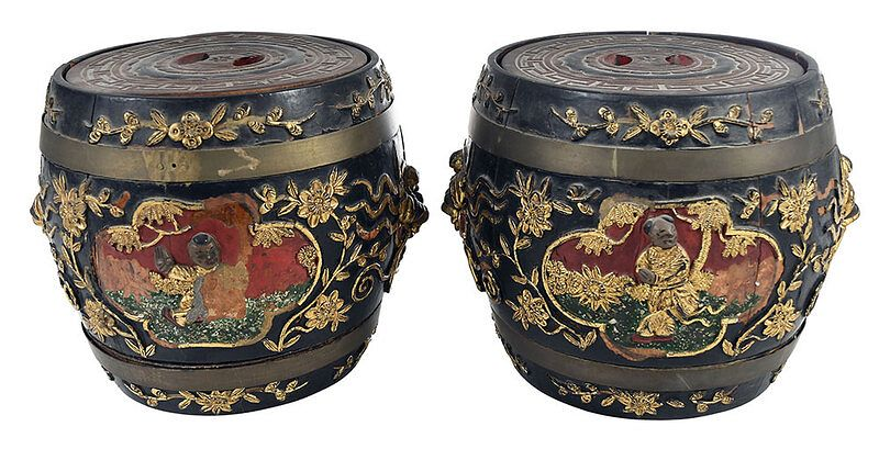 Pair Chinese Polychrome and Gilt Lidded Barrels black and red