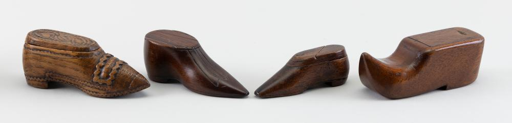 FOUR ENGLISH CONTINENTAL SHOE FORM TREEN SNUFF BOXES 19TH CENTURY