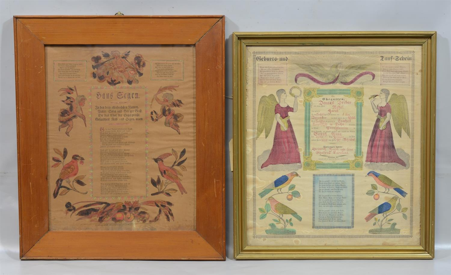 2 Pennsylvania Illuminated Prints 1840 Birth Certificate Jacob Deiber Lowhill