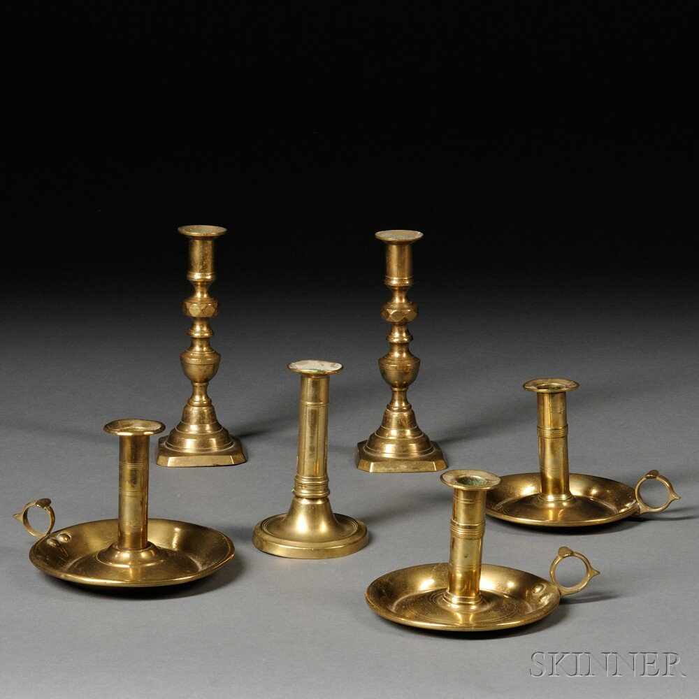 Six Brass Candlesticks 19th century three dish base push up