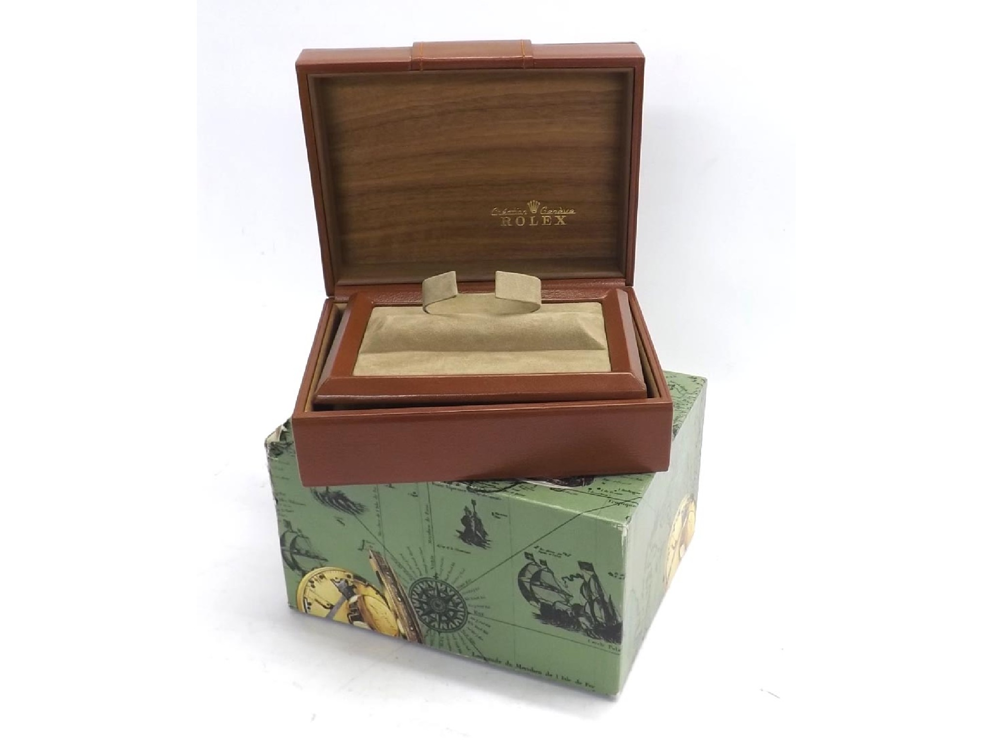 Rolex tan leather watch box with watch display and outer