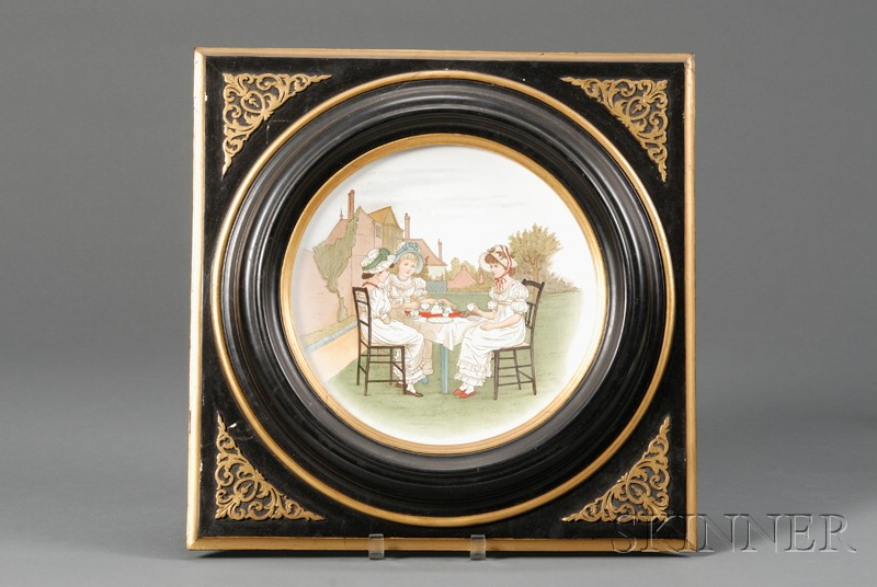 Framed Kate Greenaway Earthenware Plaque England 19th century handpainted polychrome