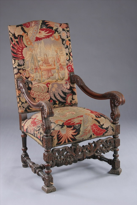 CONTINENTAL LOUIS XIV STYLE CARVED WALNUT INLAID NEEDLEWORK FAUTEUIL Early