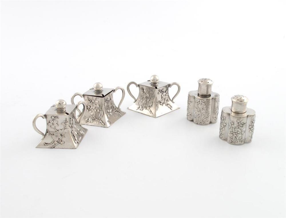 A five piece Chinese silver condiment set