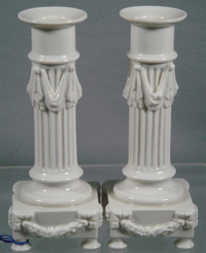Pr Nymphenburg porcelain column form candlesticks 7 h Estimate 75