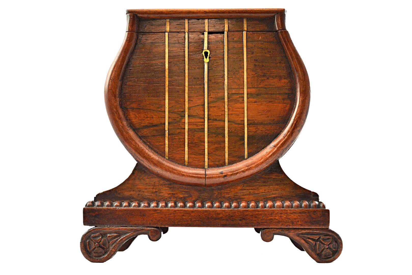 A Regency brass inlaid rosewood tea caddy of lyre shape