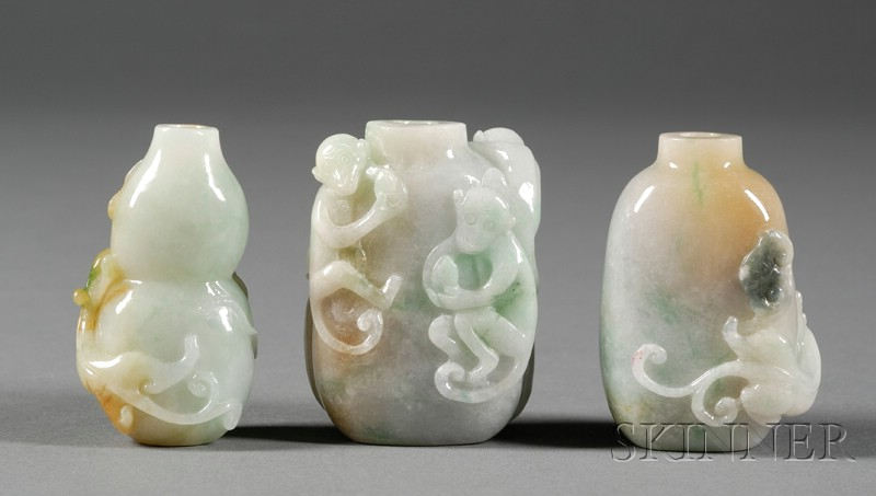 Three Jade Snuff Bottles pale lavender gray stone with green