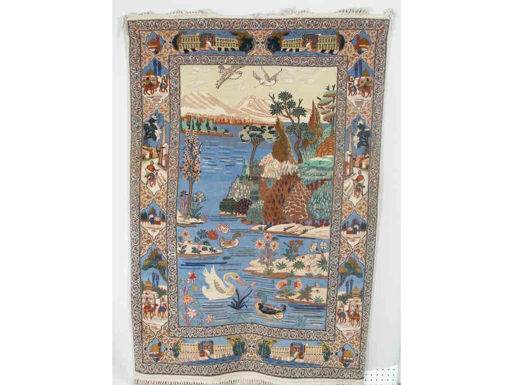 Iranian Pictorial Isfahan Rug c 1950 finely woven w high