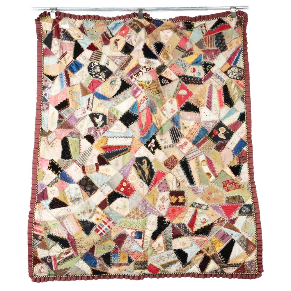 HANDMADE CRAZY QUILT QUILT 1885 COLORFUL PATCHWORK SILK COTTON AND