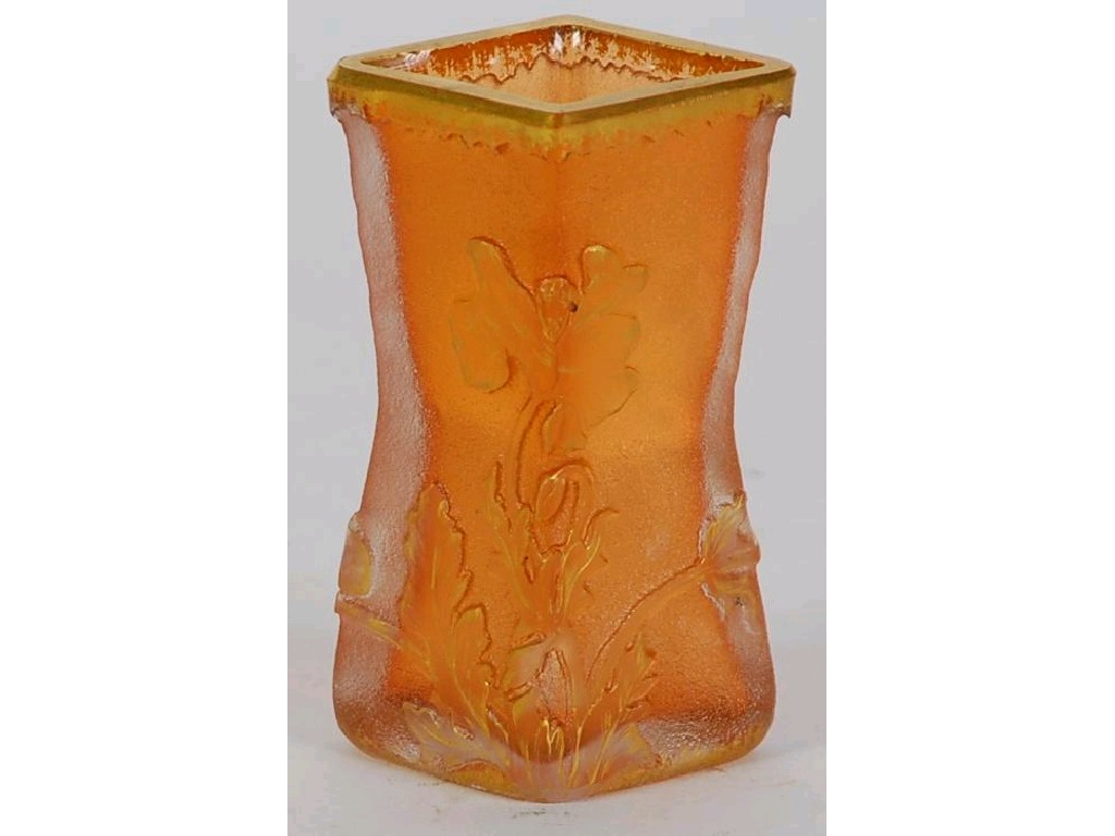 DAUM NANCY FRENCH PEACH FROSTED MOULDED GLASS VASE waisted lozenge