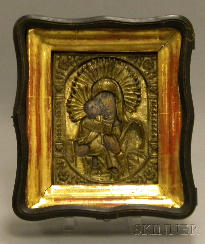Box Framed Russian Painted Madonna and Child Icon with Brass