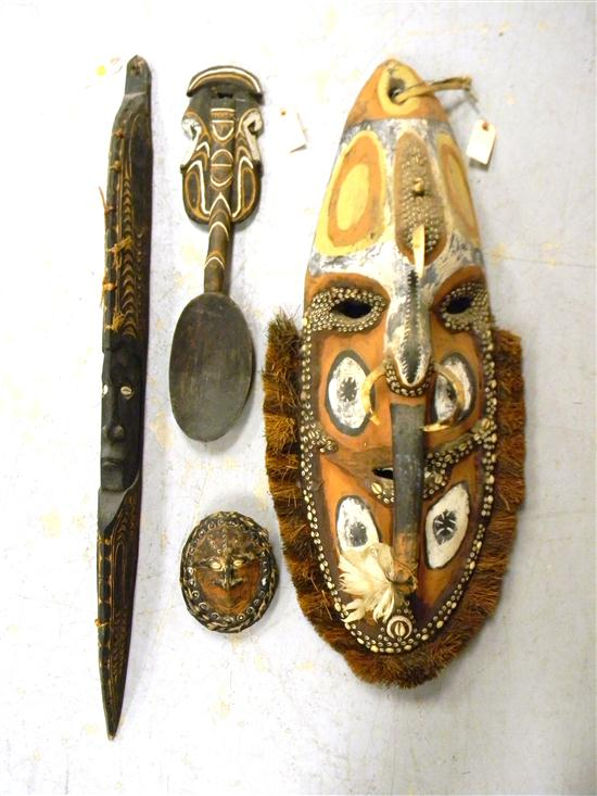 Contemporary tribal items including Spirit Mask original hand carved piece