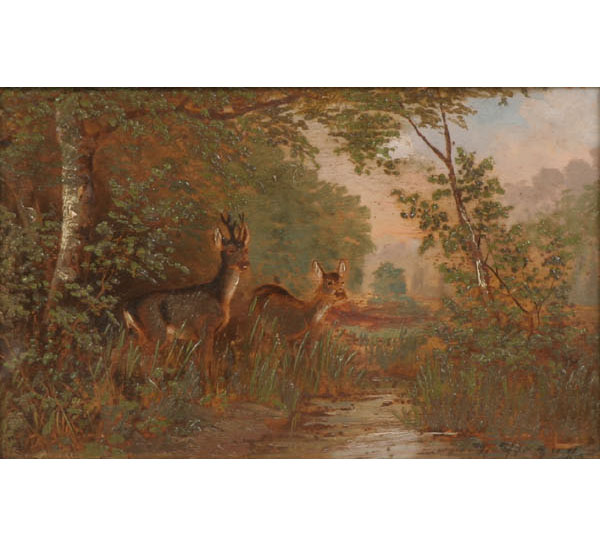 Hermann Ottomar Herzog 1832 1932 Deer in wooded landscape oil