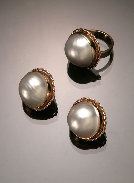 14 Karat Yellow Gold and Mab Pearl Three Piece Ensemble