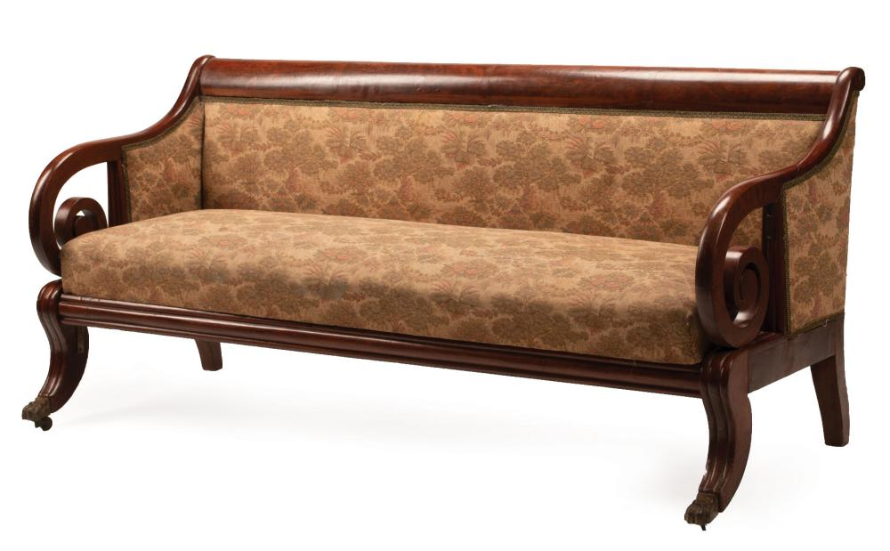 American Late Classical Mahogany Sofa mid 19th c downswept scroll