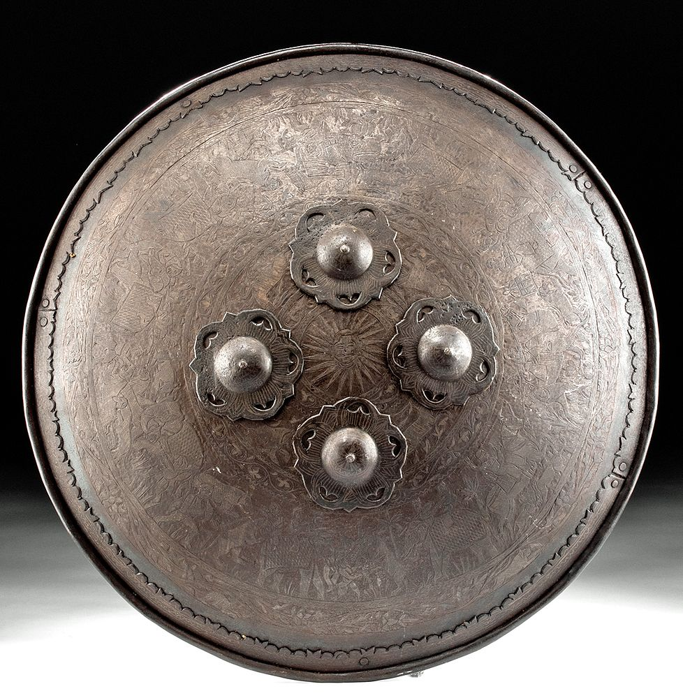 19th C Indo Persian Etched Steel Shield Dhal Central Asia