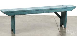 Painted pine mortised bench 19th c retaining a later blue