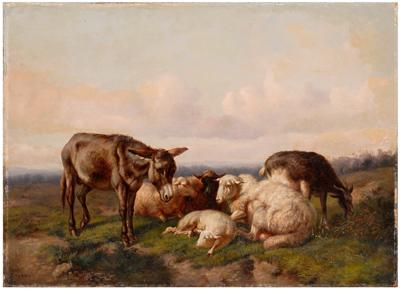 Painting follower of Louis Robbe donkey sheep and goat in