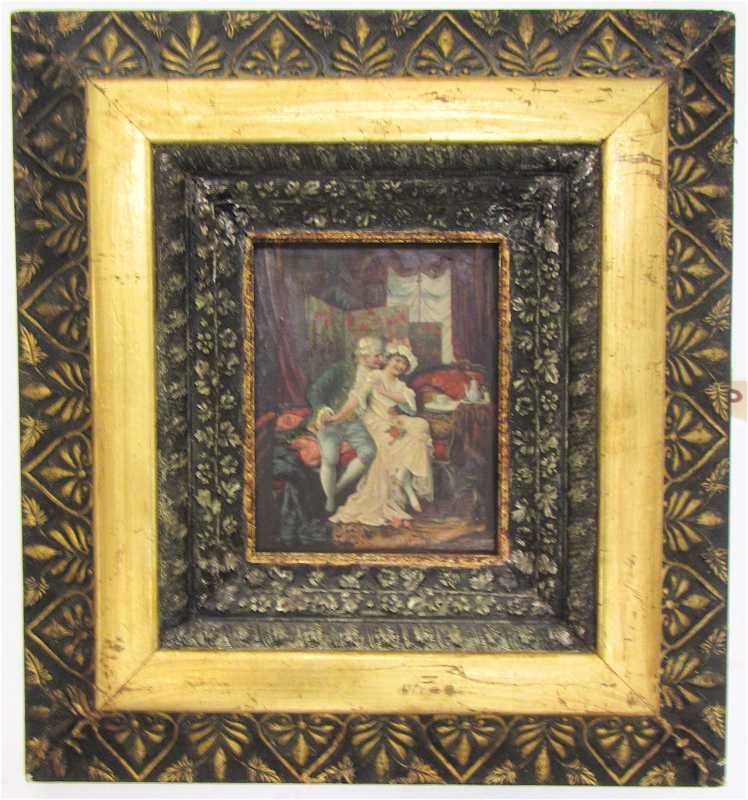 COURTING COUPLE EMBELLISHED PRINT MOUNTED TO CANVAS Unsigned Image measures