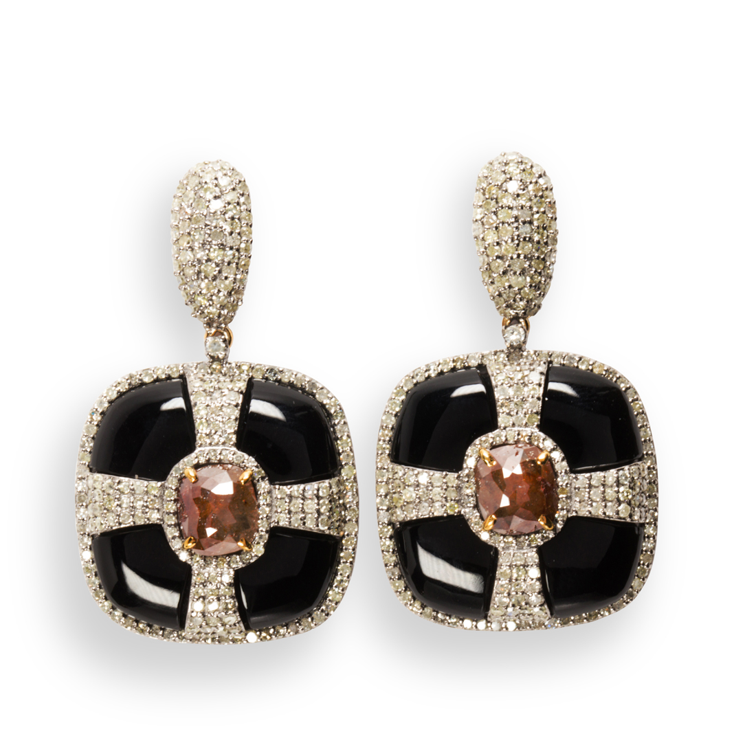 A PAIR OF BLACK CHALCEDONY COLORED DIAMOND AND DIAMOND EARRINGS