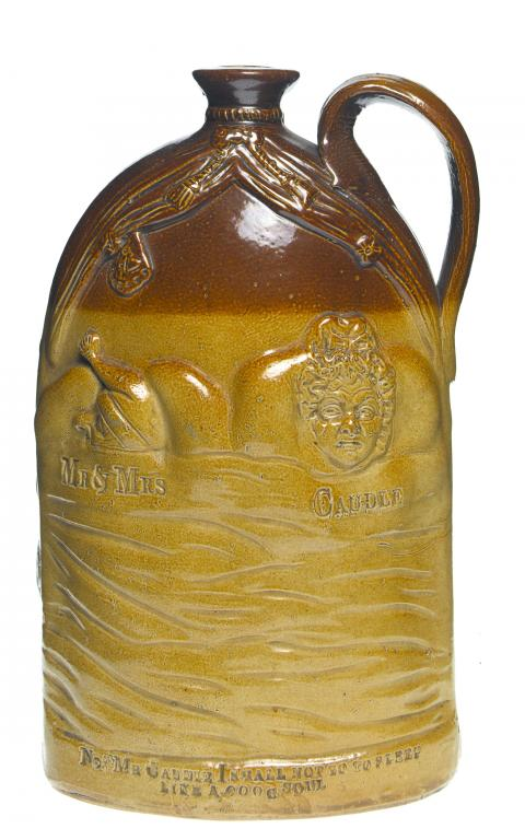A STEPHEN GREEN SALTGLAZED BROWN STONEWARE CORDIAL FLASK moulded to