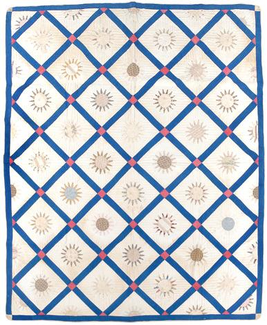 Pieced sunburst design quilt hand stitched 20 squares set on