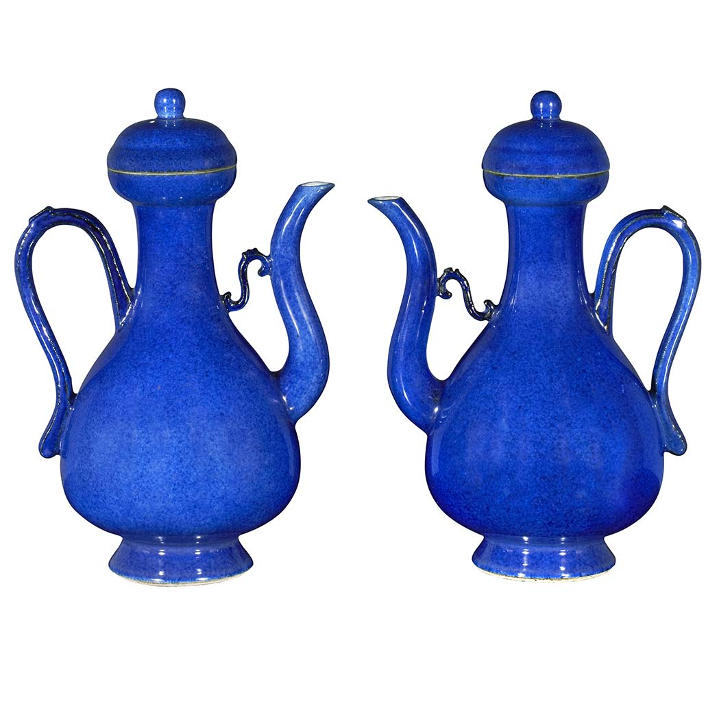 6 Pair of Chinese Blue Glazed Porcelain Covered Ewers 18th