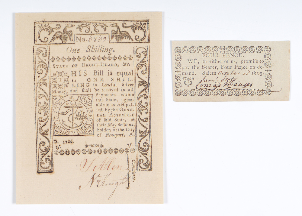 RHODE ISLAND 1786 SHILLING PAPER CURRENCY 2 pieces total to