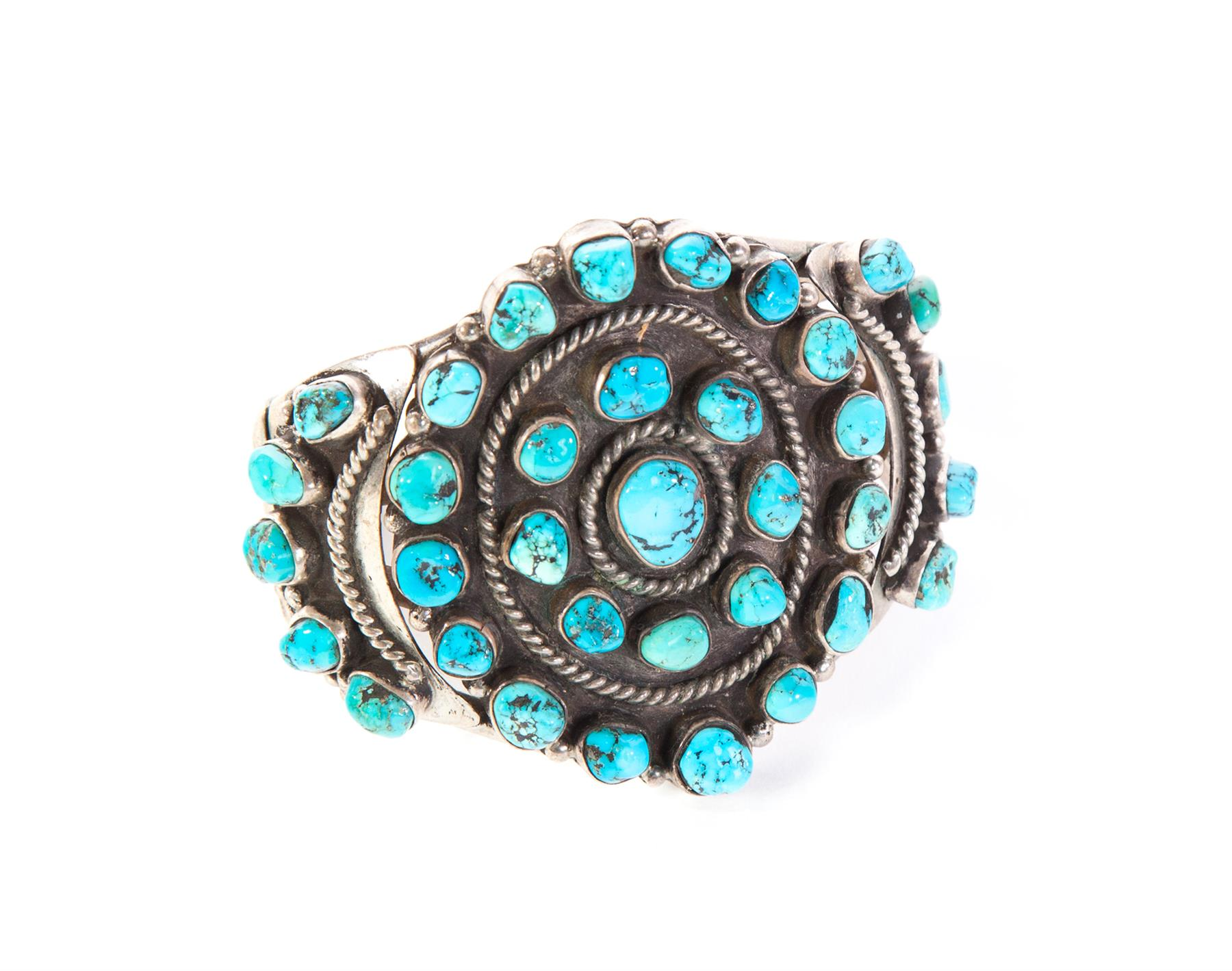 NATIVE AMERICAN INDIAN SILVER AND TURQUOISE BANGLE BRACELET Late 20th