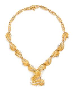 An 18 Karat Bicolor Gold and Diamond Leaf Motif Necklace