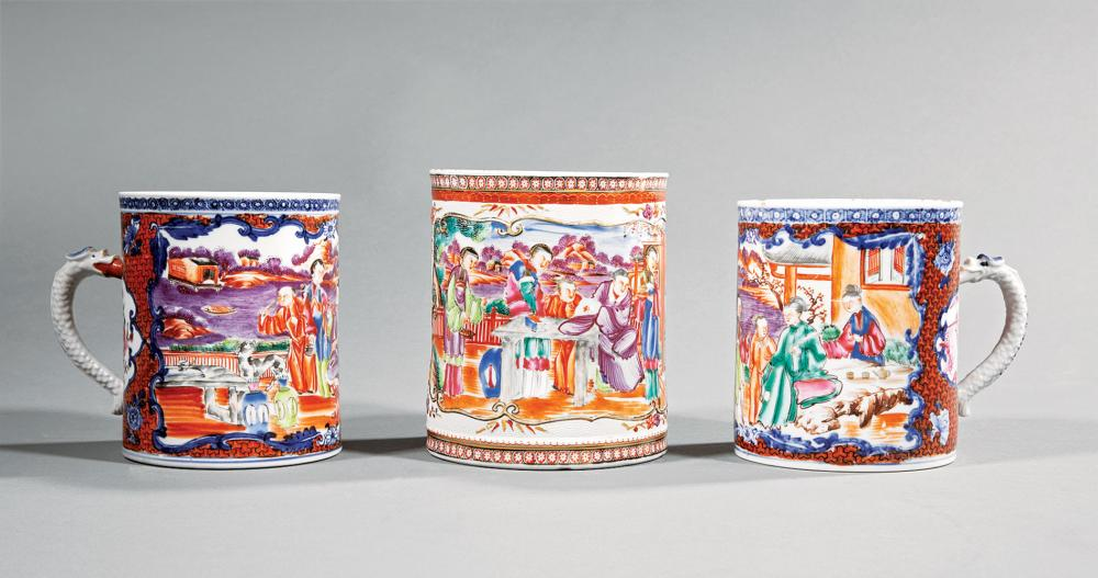 Two Chinese Export Mandarin Palette Porcelain Tankards 18th c Qianlong