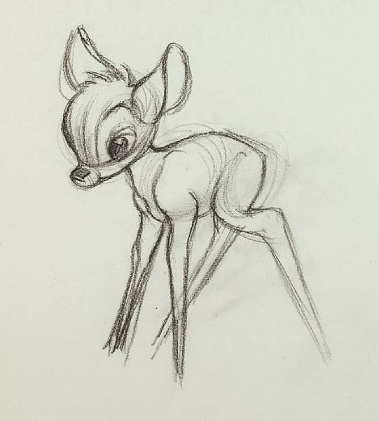 Two Walt Disney animation drawings from Bambi 1942 pencil on